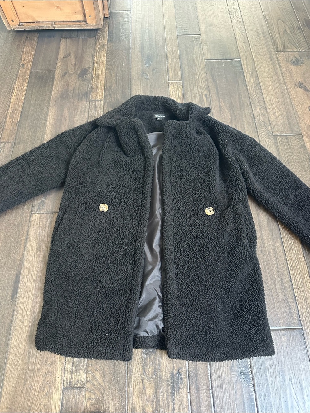 PrettyLittleThing Black Longline Teddy Coat – Size 0
